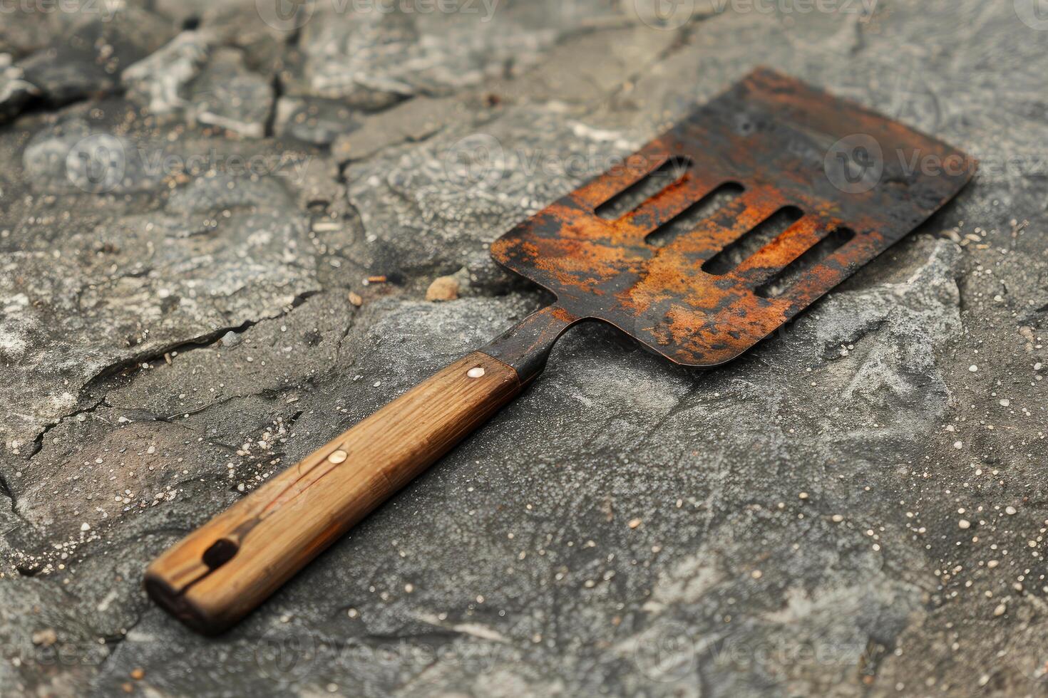 Rusty metal spatula with wooden handle resting on rocks photo