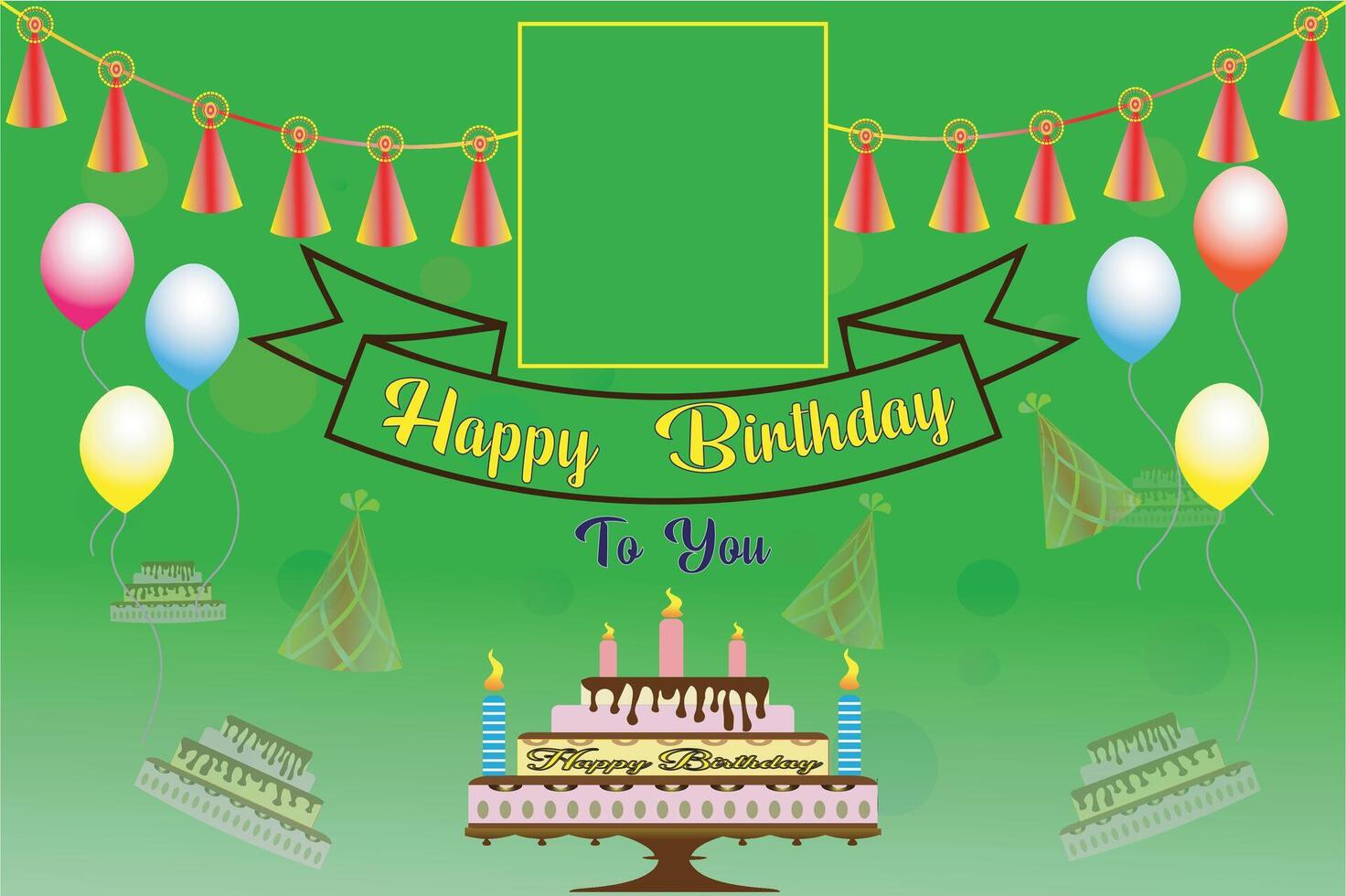Happy birthday celebration background and stage design with colorful balloon and cake design in green field. vector