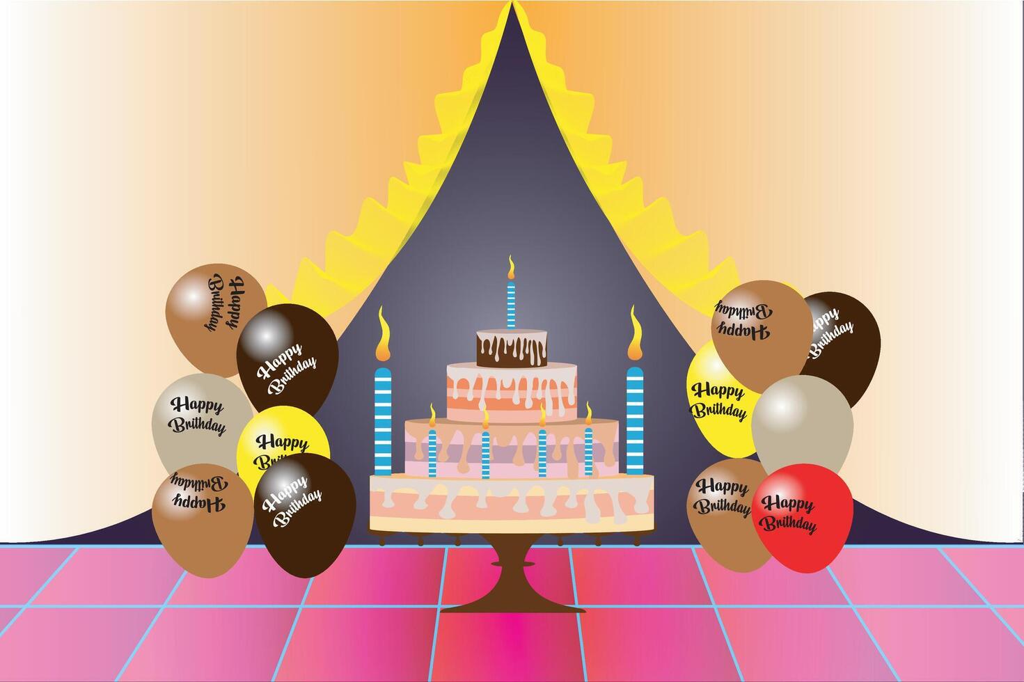 Happy Birthday interior stage program with birthday cake and balloon. vector