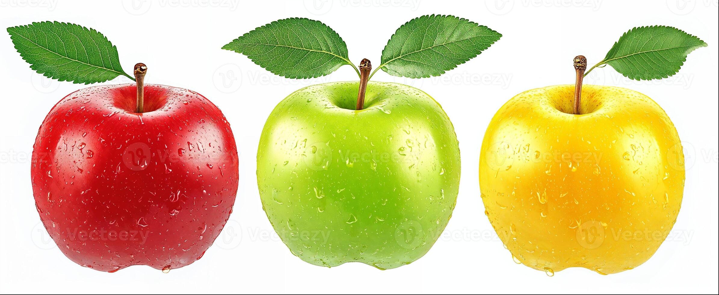 Different types of apples with leaf and water drops isolated on white background, hight detailed upscaled image photo