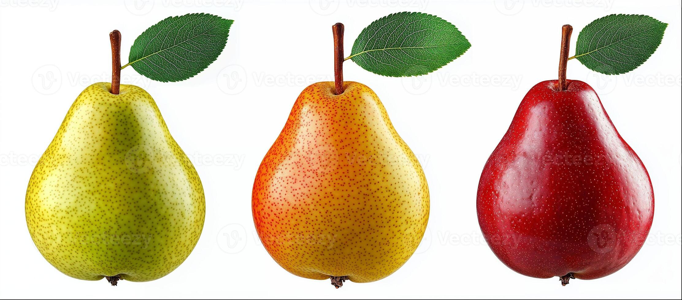 Different types of pear with leaf and water drops isolated on white background, hight detailed upscaled image photo