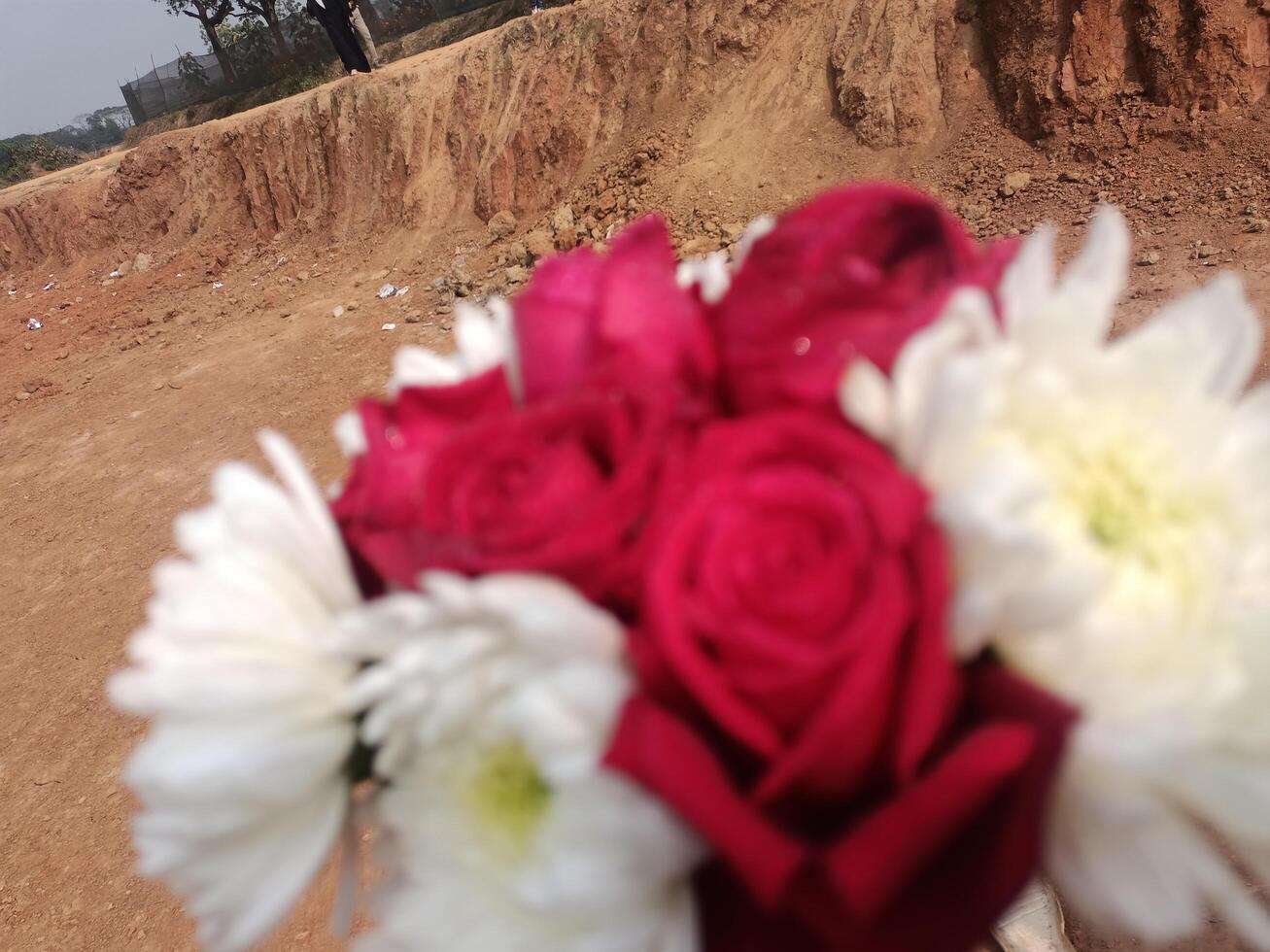 A Beautiful Bouquet Gracing the Base of a Earthy Mound photo