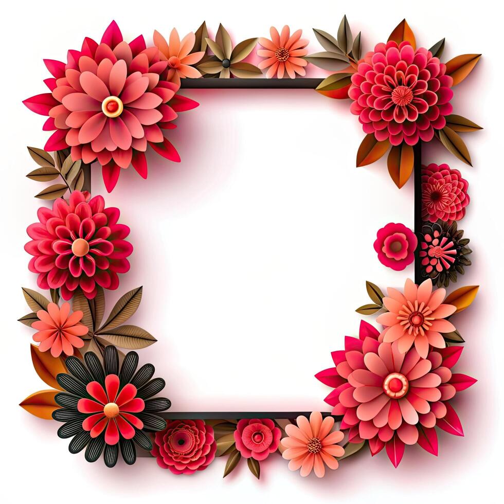 Red And Black Paper Flower Frame On White Background. photo