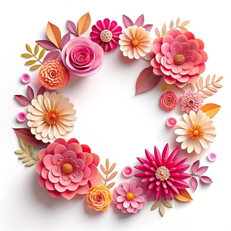 Paper Flower Wreath Arranged on a White Background. photo