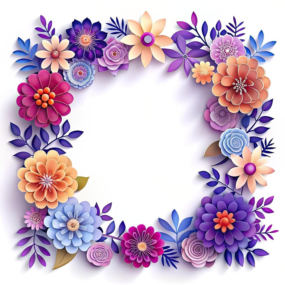 Colorful Paper Flower Border Frame on White Background. photo