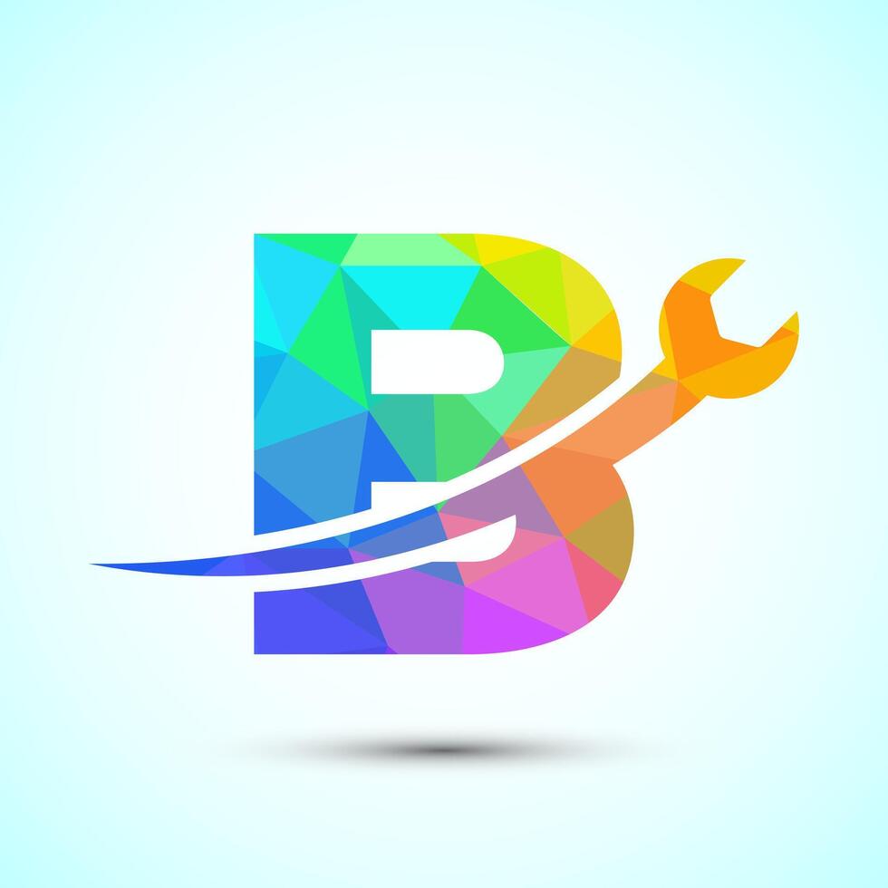 Graphic alphabet B with wrench. Logo for mechanical, technology, repair service , automotive business low poly Style vector