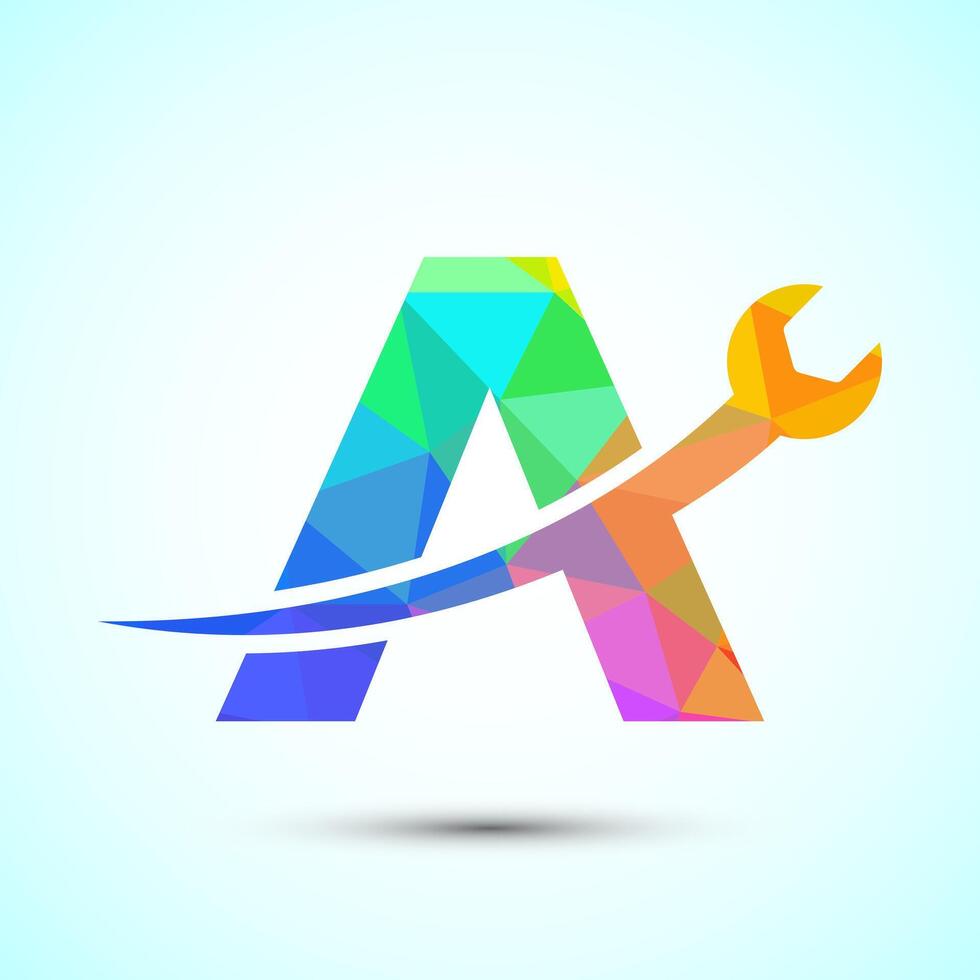 Graphic alphabet A with wrench. Logo for mechanical, technology, repair service , automotive business low poly Style vector