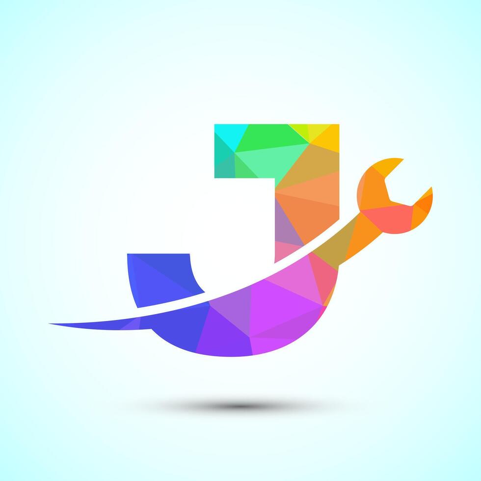 Graphic alphabet J with wrench. Logo for mechanical, technology, repair service , automotive business low poly Style vector