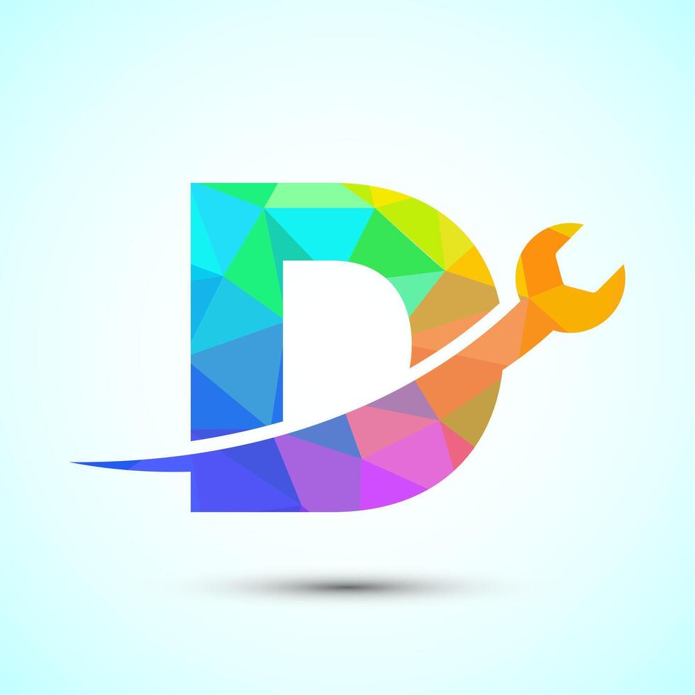 Graphic alphabet D with wrench. Logo for mechanical, technology, repair service , automotive business low poly Style vector