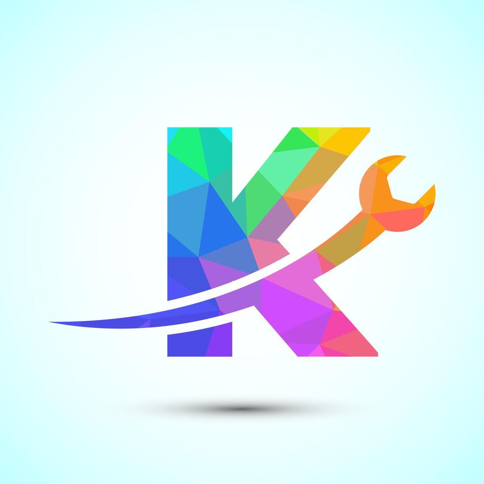 Graphic alphabet K with wrench. Logo for mechanical, technology, repair service , automotive business low poly Style vector