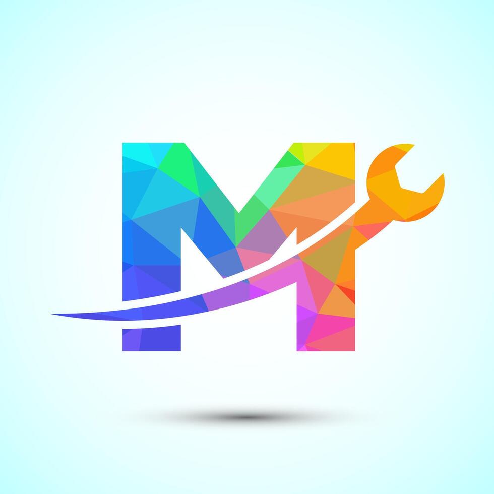 Graphic alphabet M with wrench. Logo for mechanical, technology, repair service , automotive business low poly Style vector