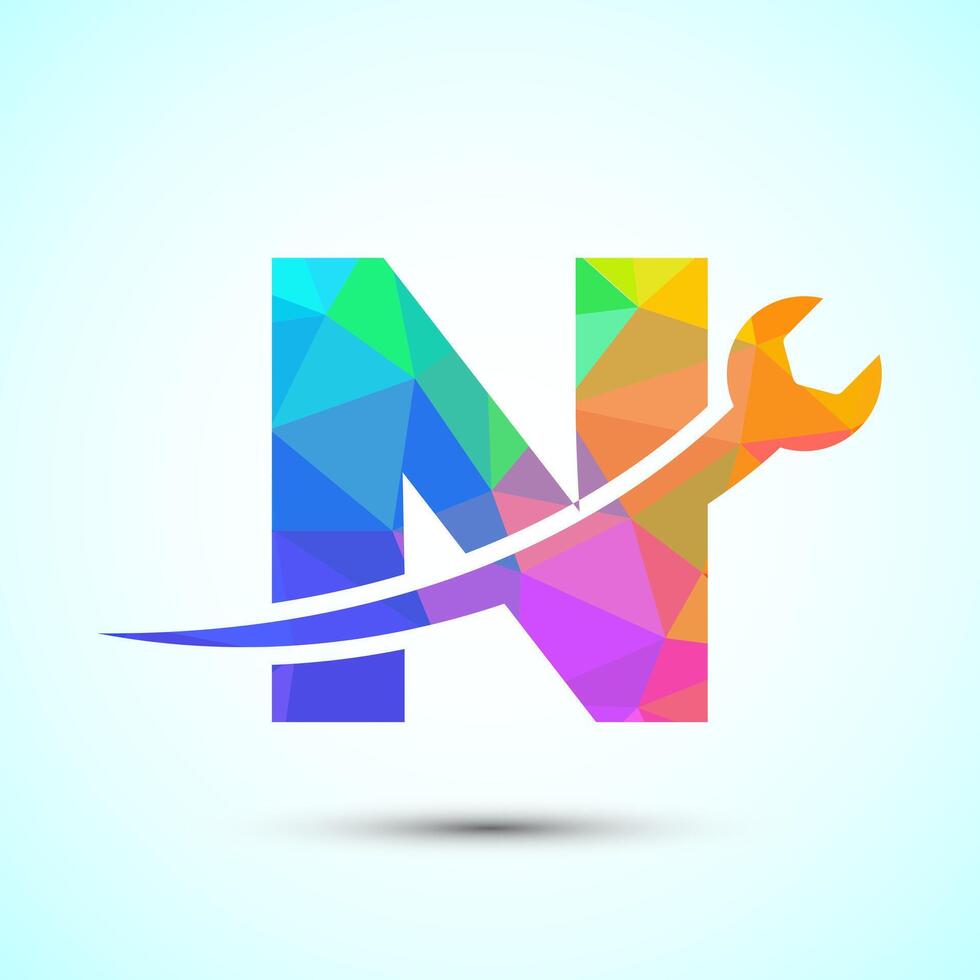 Graphic alphabet N with wrench. Logo for mechanical, technology, repair service , automotive business low poly Style vector