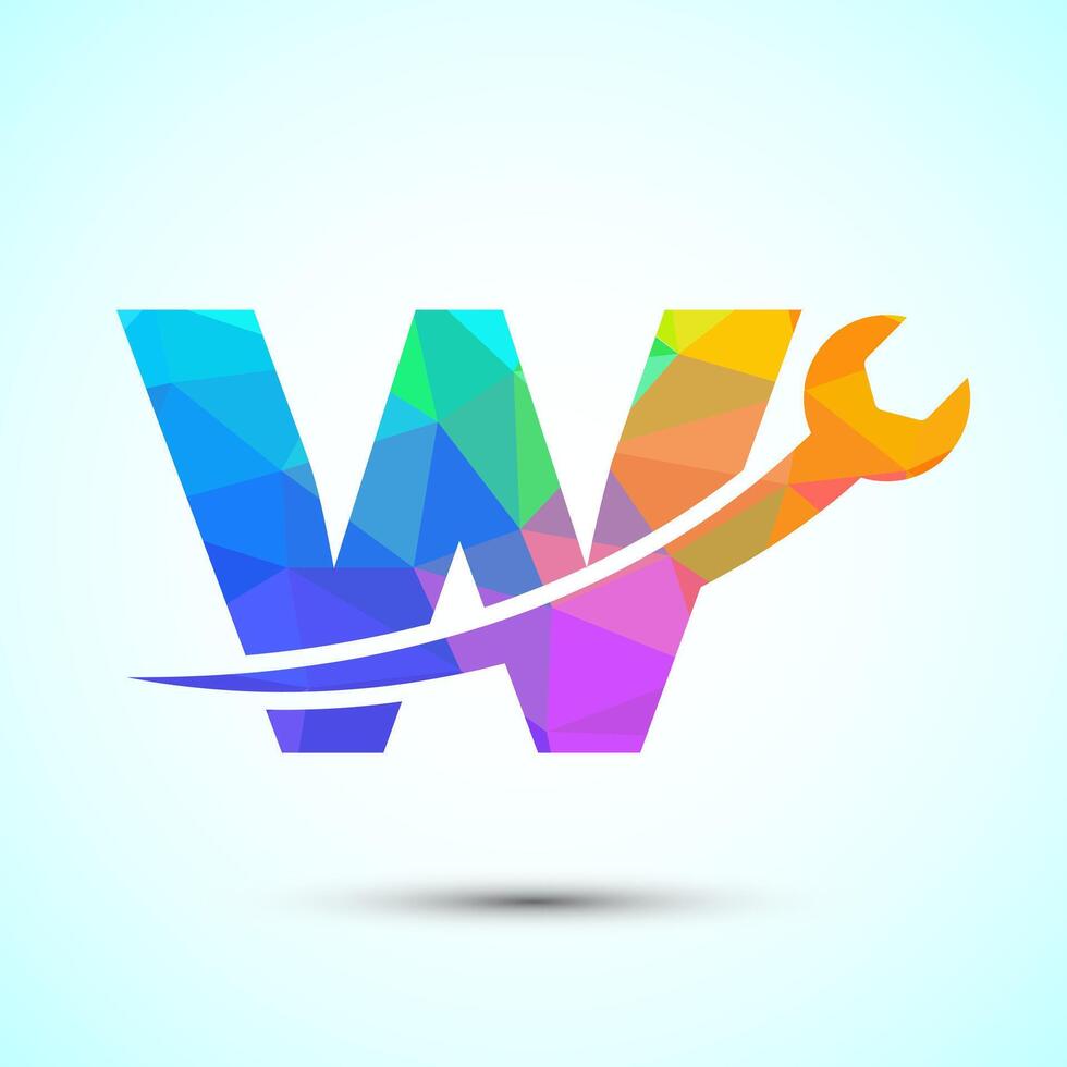 Graphic alphabet W with wrench. Logo for mechanical, technology, repair service , automotive business low poly Style vector