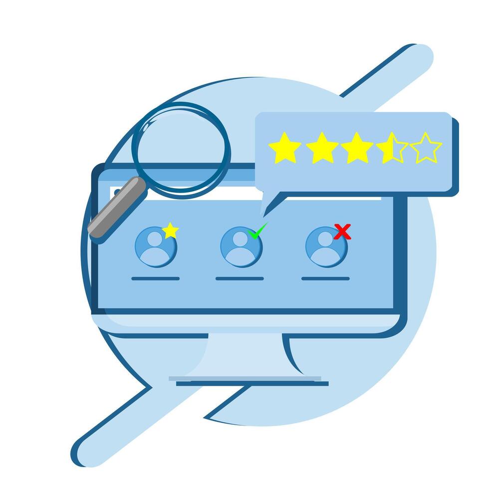 A computer screen with five stars and a magnifying glass vector