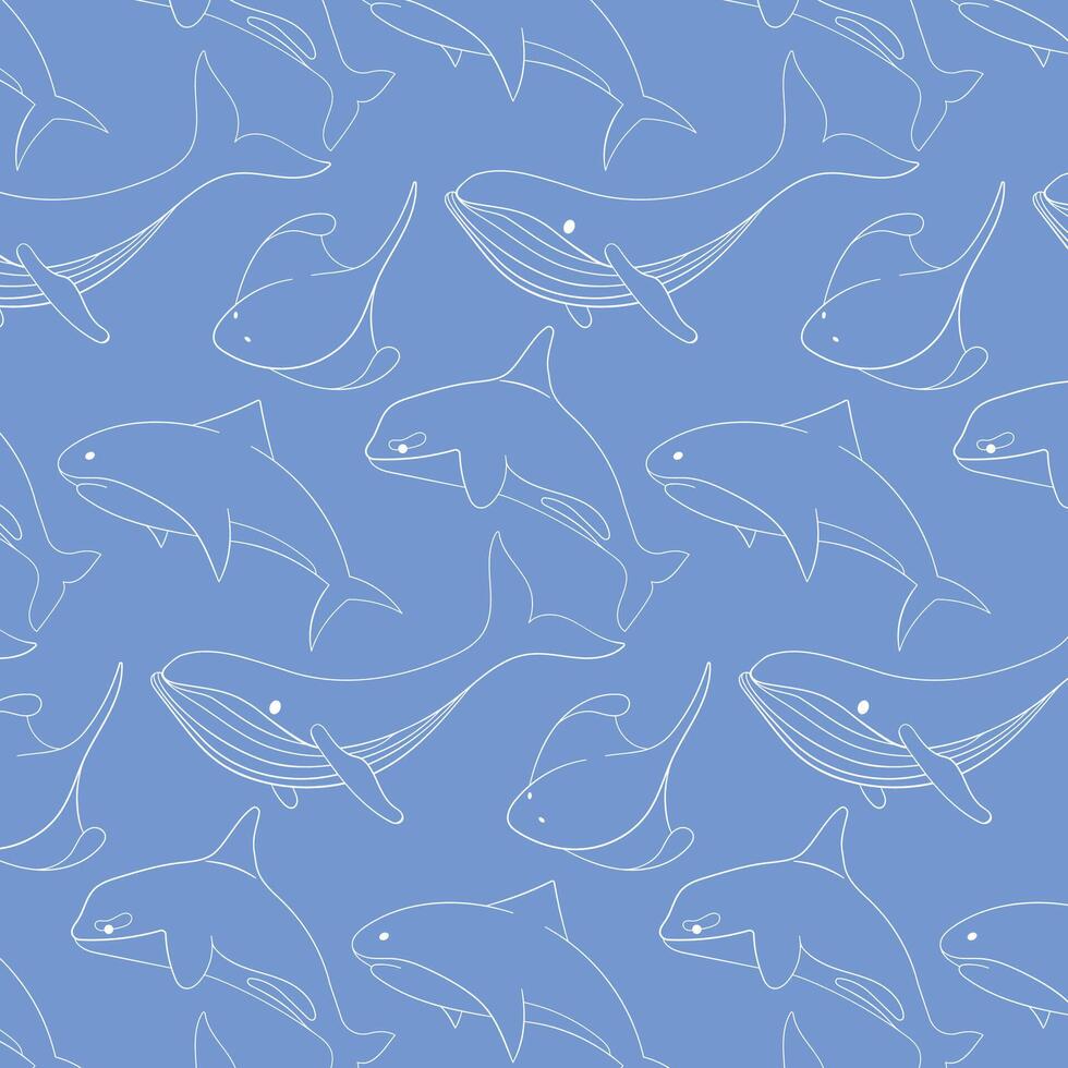Seamless pattern featuring outline illustration of marine animal, including whale, shark, orca and manta ray on a blue background. Perfect for ocean themed design, fabric, wallpaper and stationery. vector