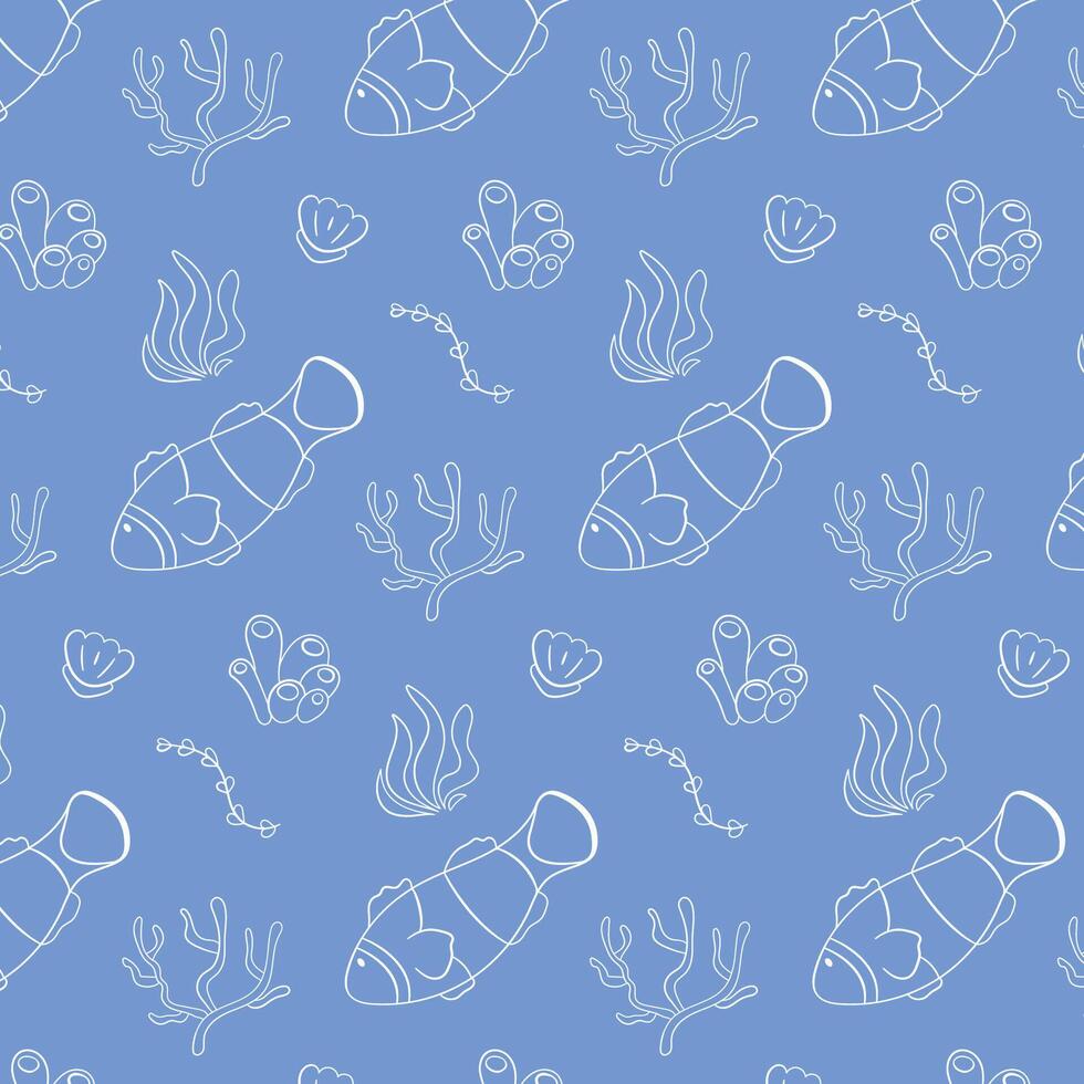 Seamless pattern with clownfish and coral in a linear style on a blue background. This underwater themed illustration is perfect for fabric, wallpaper and marine design. vector