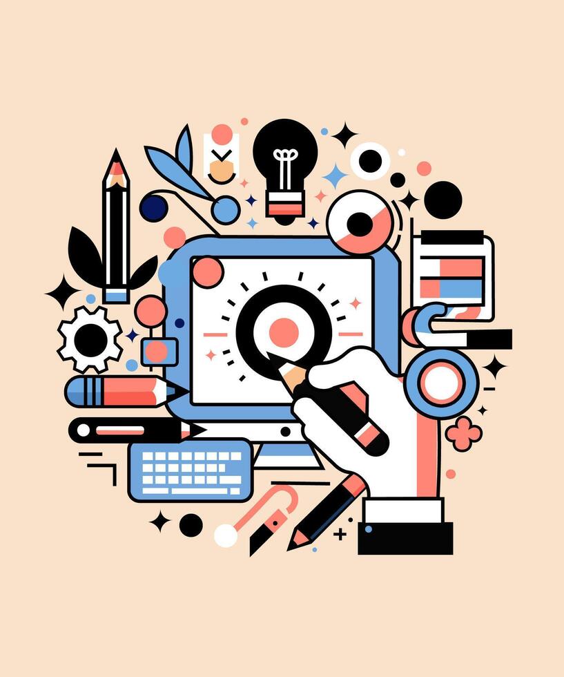 Creative illustration featuring a hand drawing on a tablet, surrounded by design icons and graphic elements in pastel colors. Perfect for graphic design and digital art themes vector