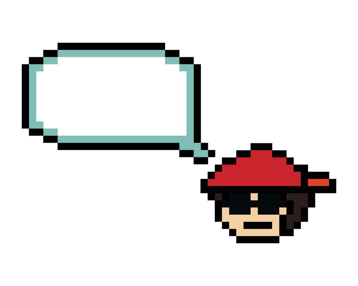Cute cartoon smile face of man boy male happy and blank chat box pixel art. vector