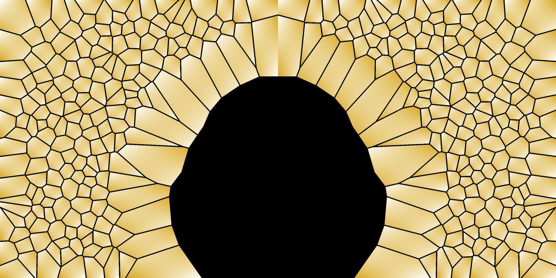 The gold polygons gradually transition in brightness, adding a subtle depth and glow effect, reminiscent of stained glass or decorative architectural details. vector