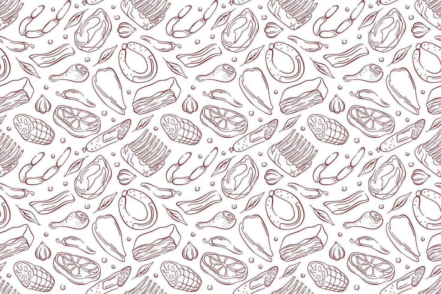 Seamless meat pattern in line art style with various meats on a white background. Include steak, sausage, ribs and vegetable. Ideal for culinary project, packaging or restaurant branding. vector