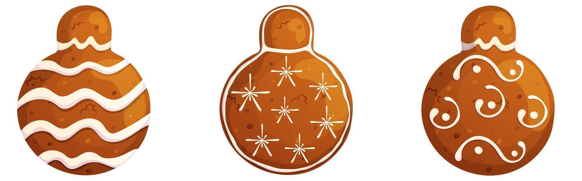 Happy holidays pastry set. Gingerbread Christmas ball with cream ornaments collection isolated on white background. vector