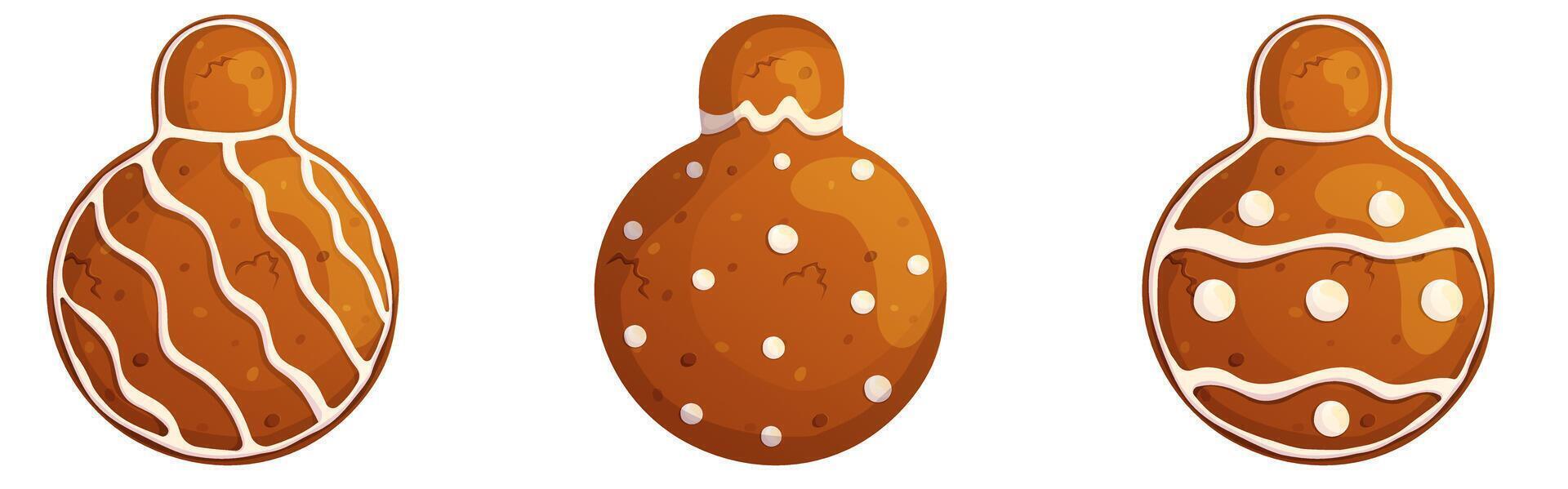 Xmas festive gingerbread Christmas ball set isolated on white. Happy holidays traditional homemade sweet with frosting. vector