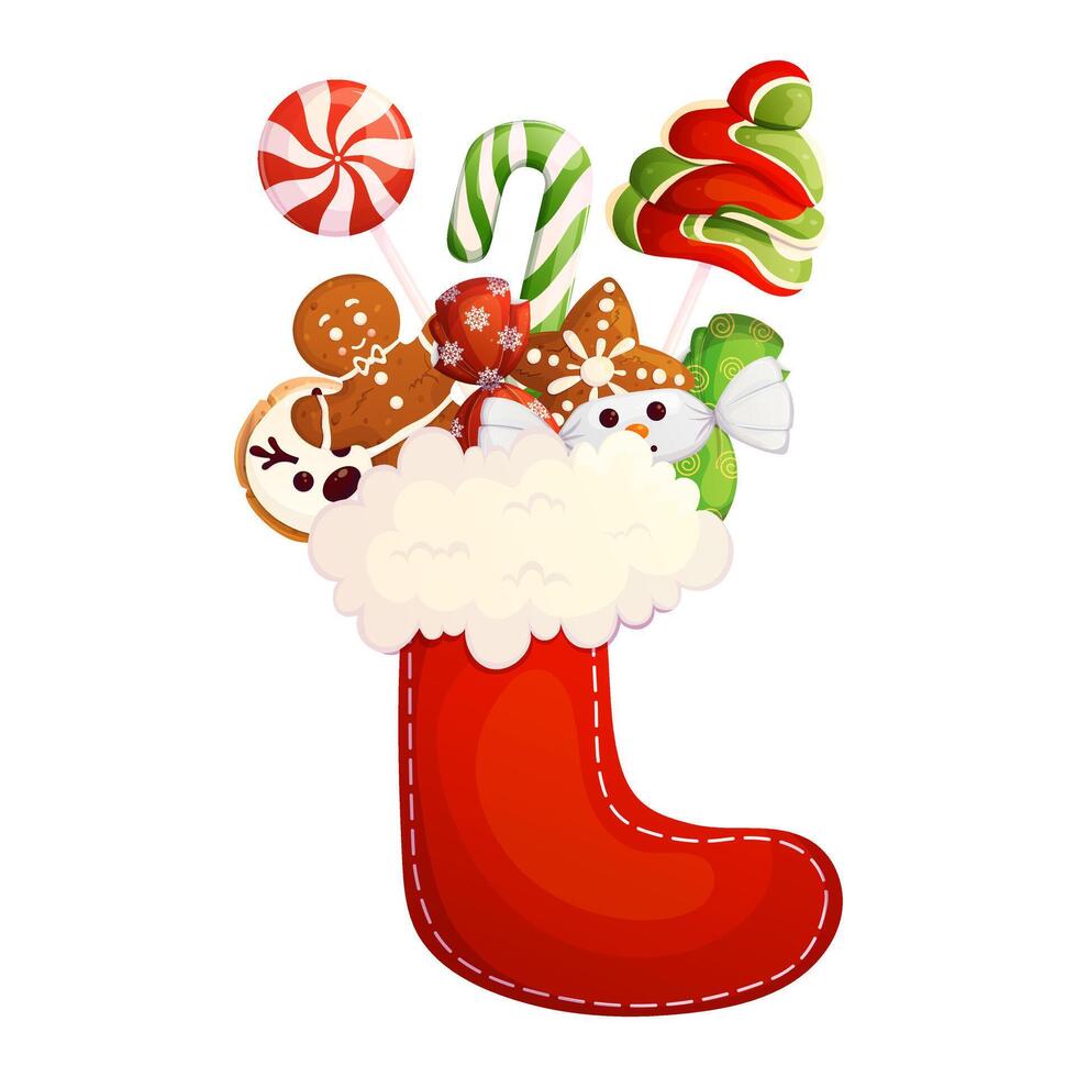 Happy holidays elements xmas stockings full of traditional sweets. Candy cane, gingerbread, lollipops isolated on white. vector