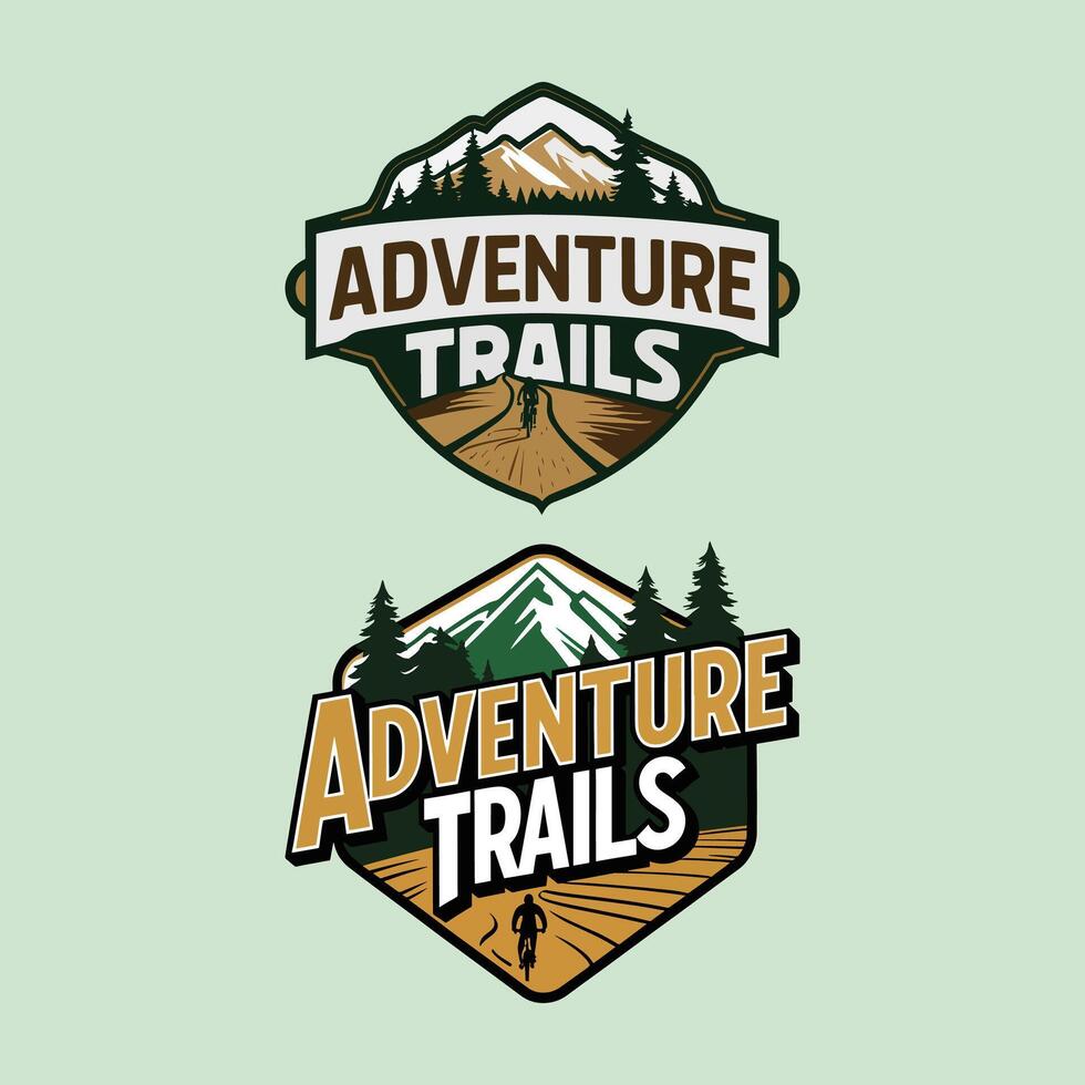 A vintage illustration of the Adventure Trails Logo with mountains and trees vector