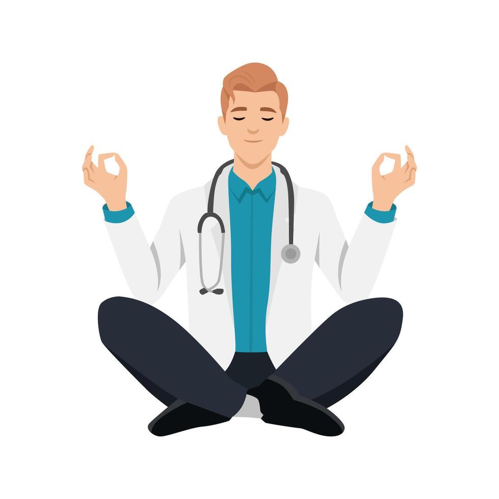Young medical doctor meditating in lotus pose. vector