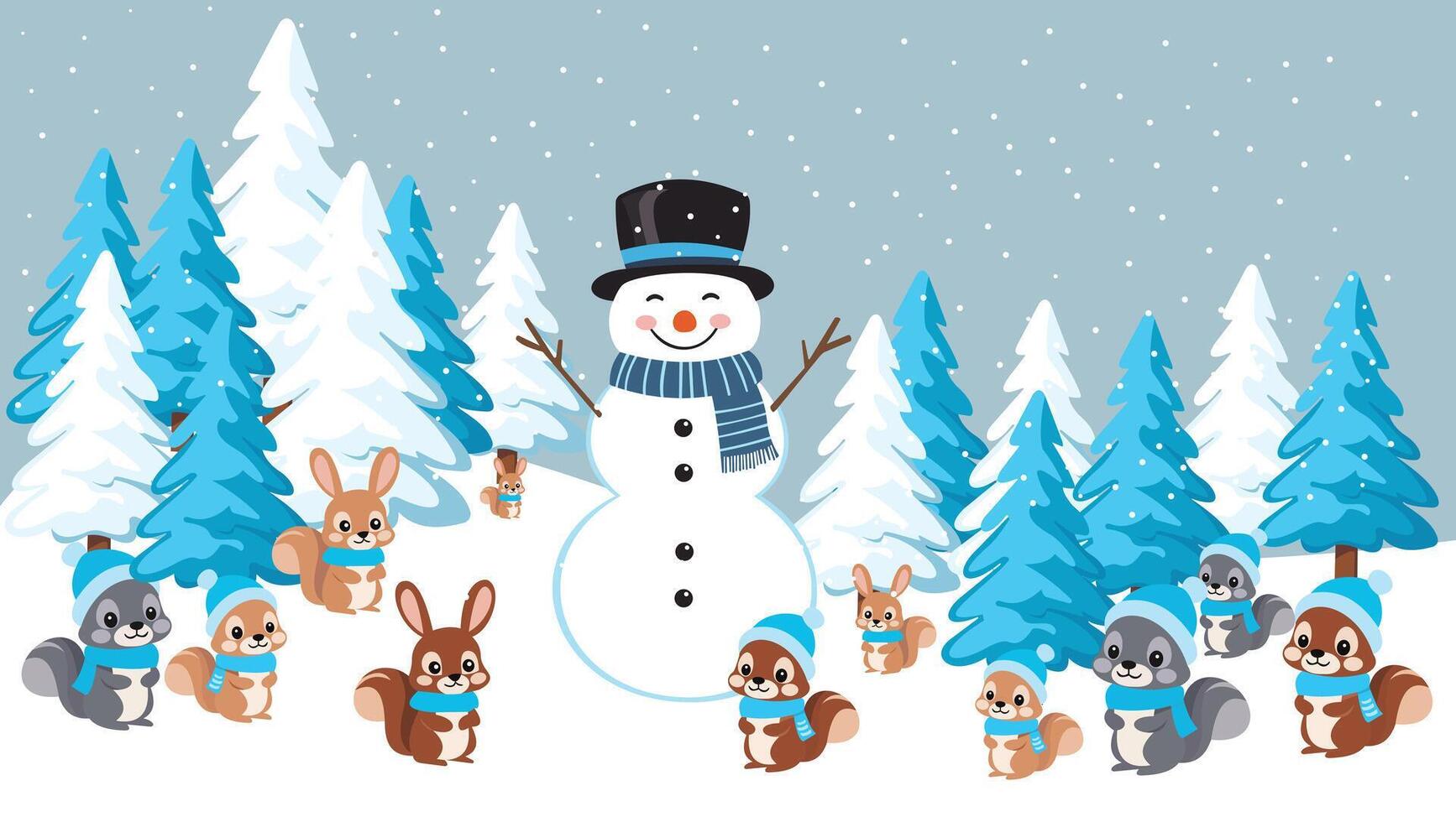 A cozy Christmas scene in a snowy forest with a happy snowman surrounded by adorable woodland animals background vector