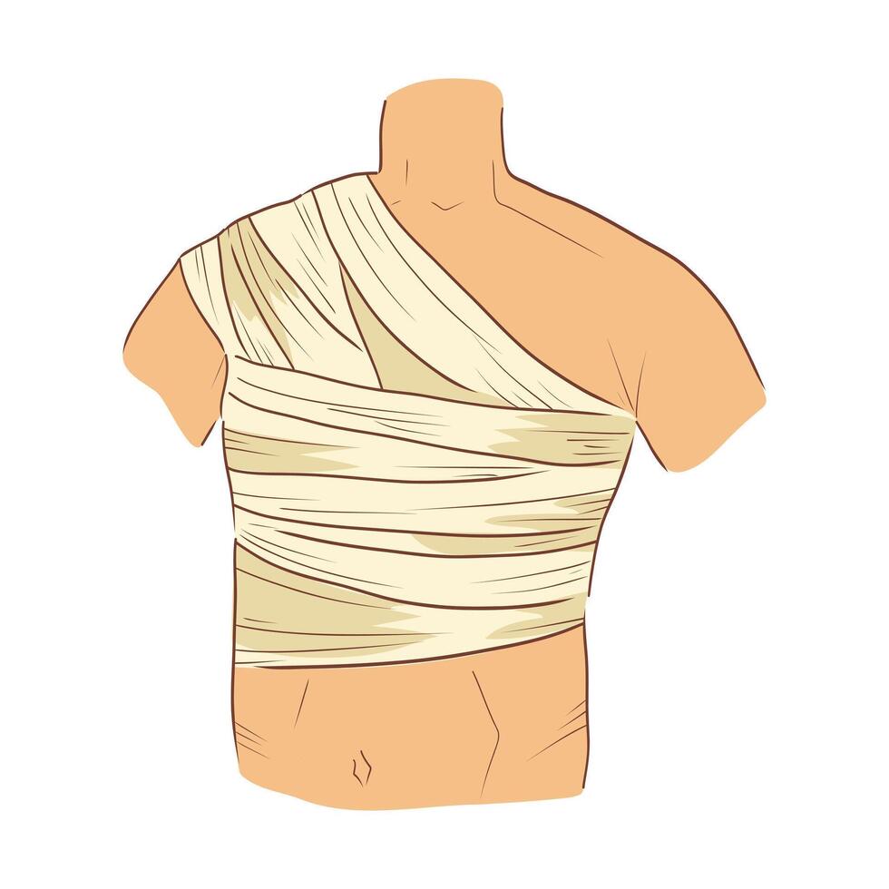 Bandaged human chest in flat design. Hospital patient aid with bandage. illustration isolated. vector