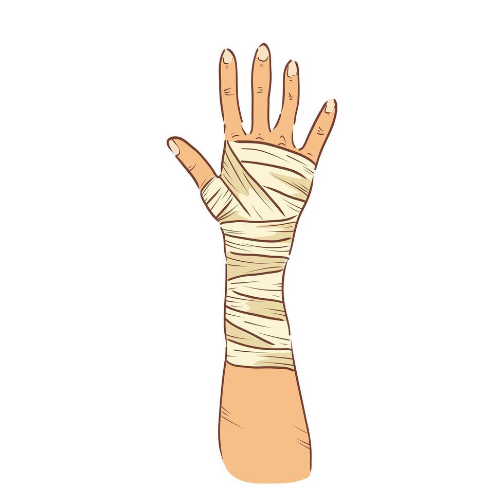 Bandaged wrist in flat design. Injured hand palm with bandage compression. illustration isolated. vector