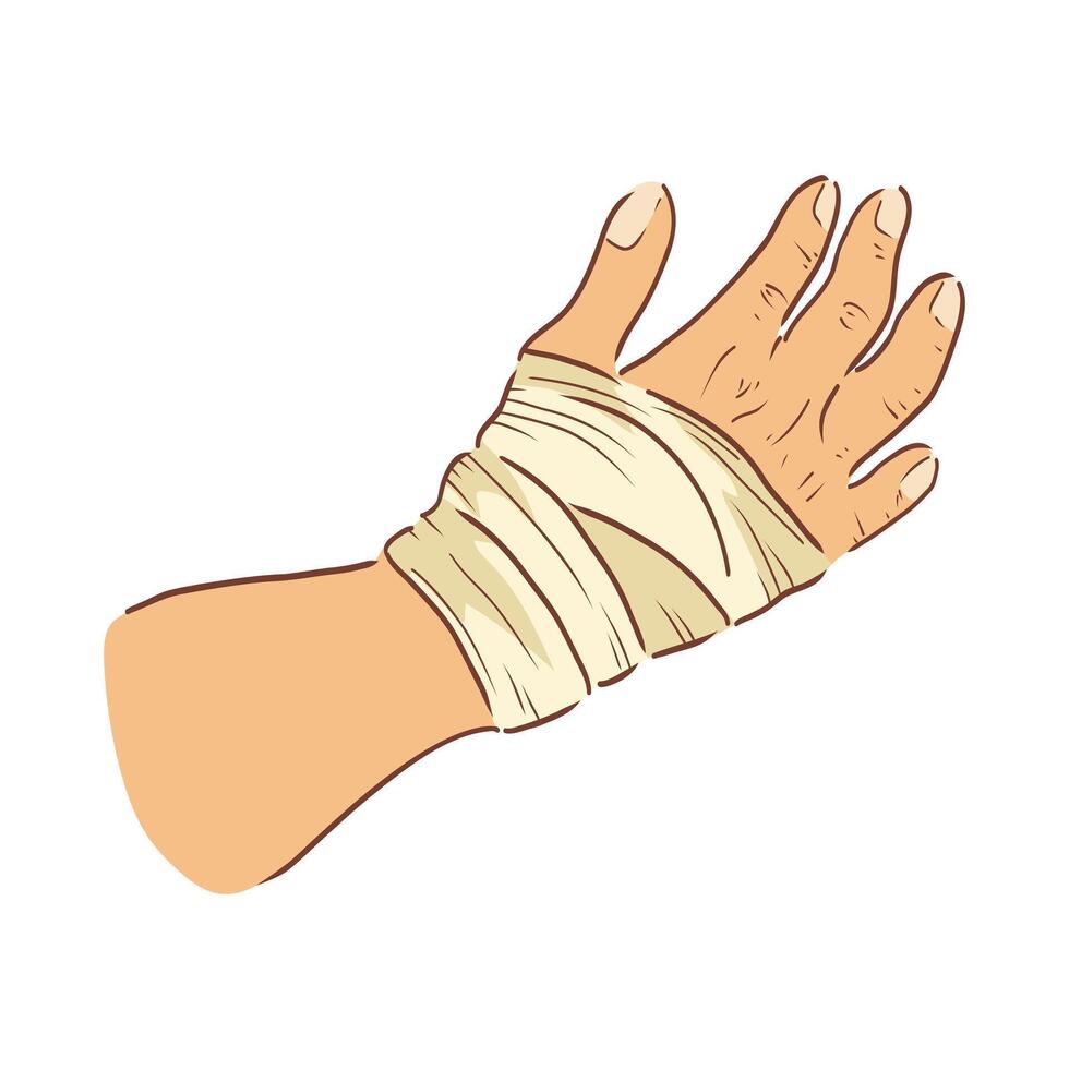 Bandaged hand palm in flat design. Wrist with trauma in bandage apply. illustration isolated. vector