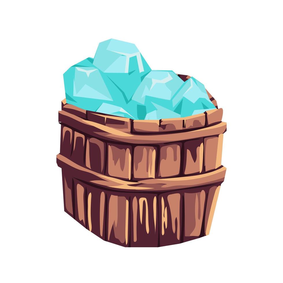 Blue crystals in wooden box in flat design. Mining fantasy gems in bucket. illustration isolated. vector