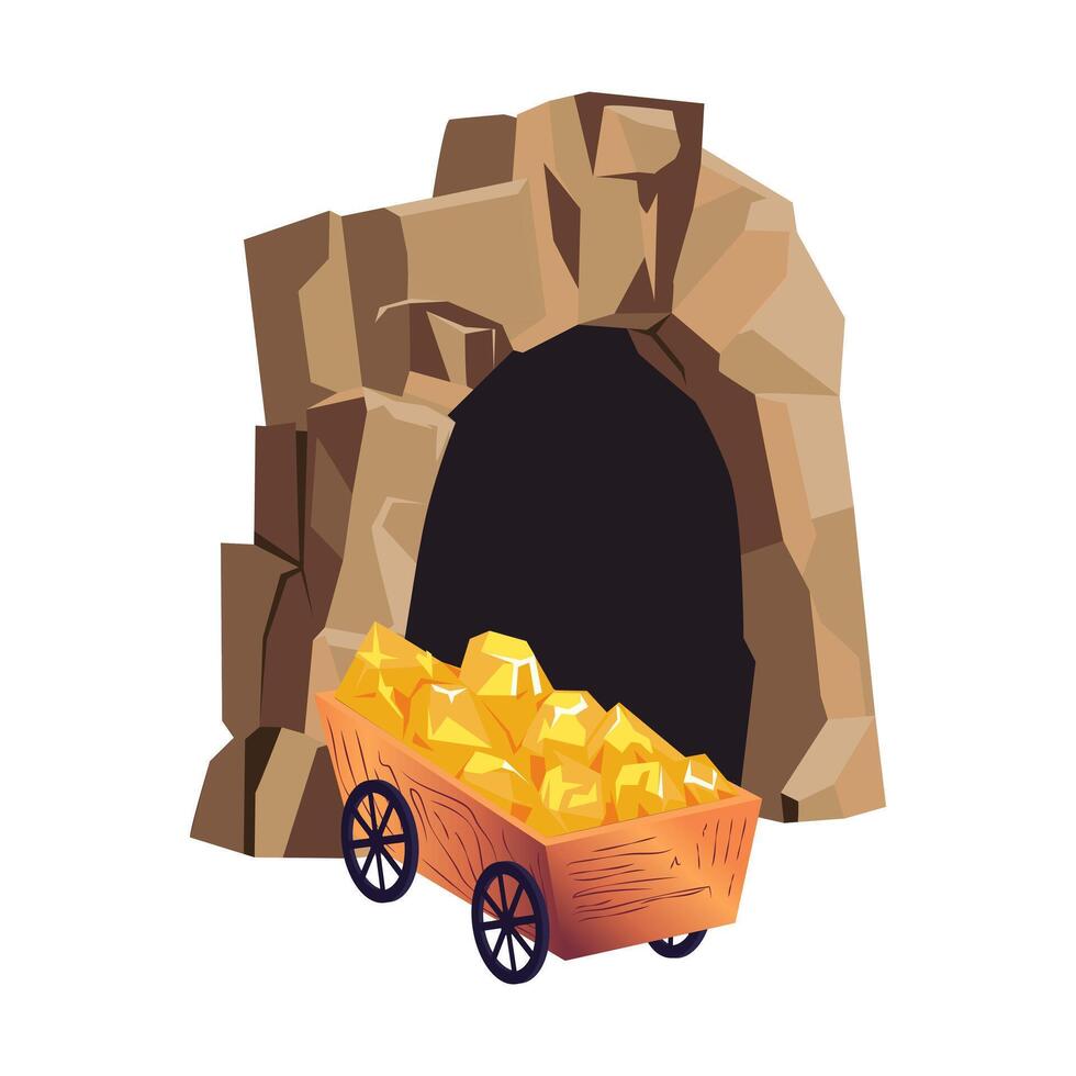 Mining cave with golds cart in flat design. Digging underground crystals. illustration isolated. vector