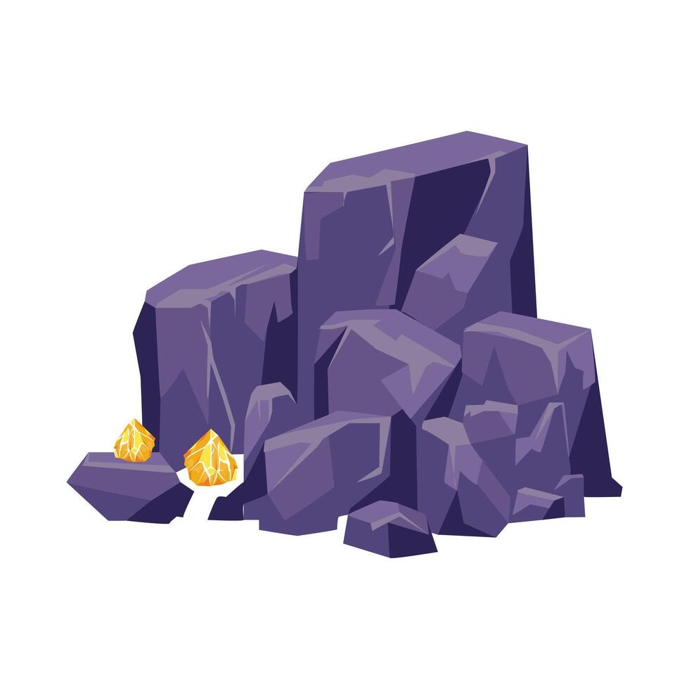 Gold crystals in rocks in flat design. Mining fantasy gems in quarry. illustration isolated. vector