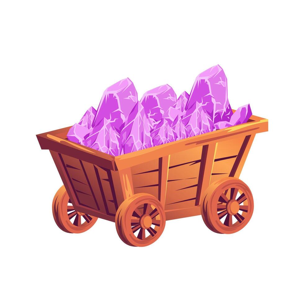 Mining cart with pink crystals in flat design. Wheelbarrow with treasure. illustration isolated. vector