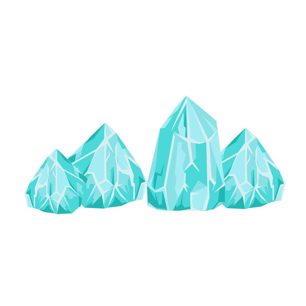 Shiny blue crystals in flat design. Fantasy diamonds, mining treasure. illustration isolated. vector
