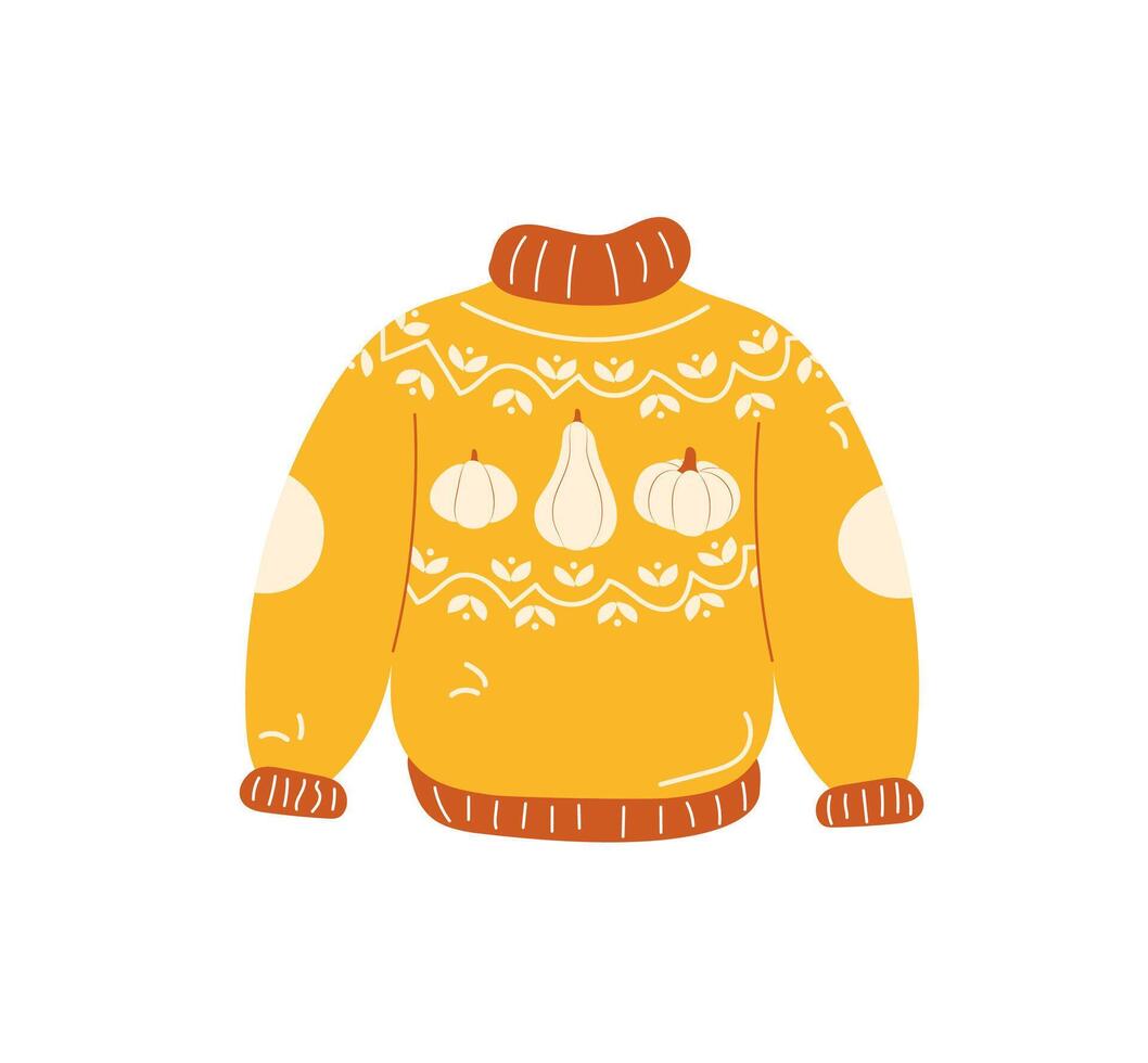Cozy autumn sweater with pumpkins isolated on white background. Hand drawn flat cartoon style vector