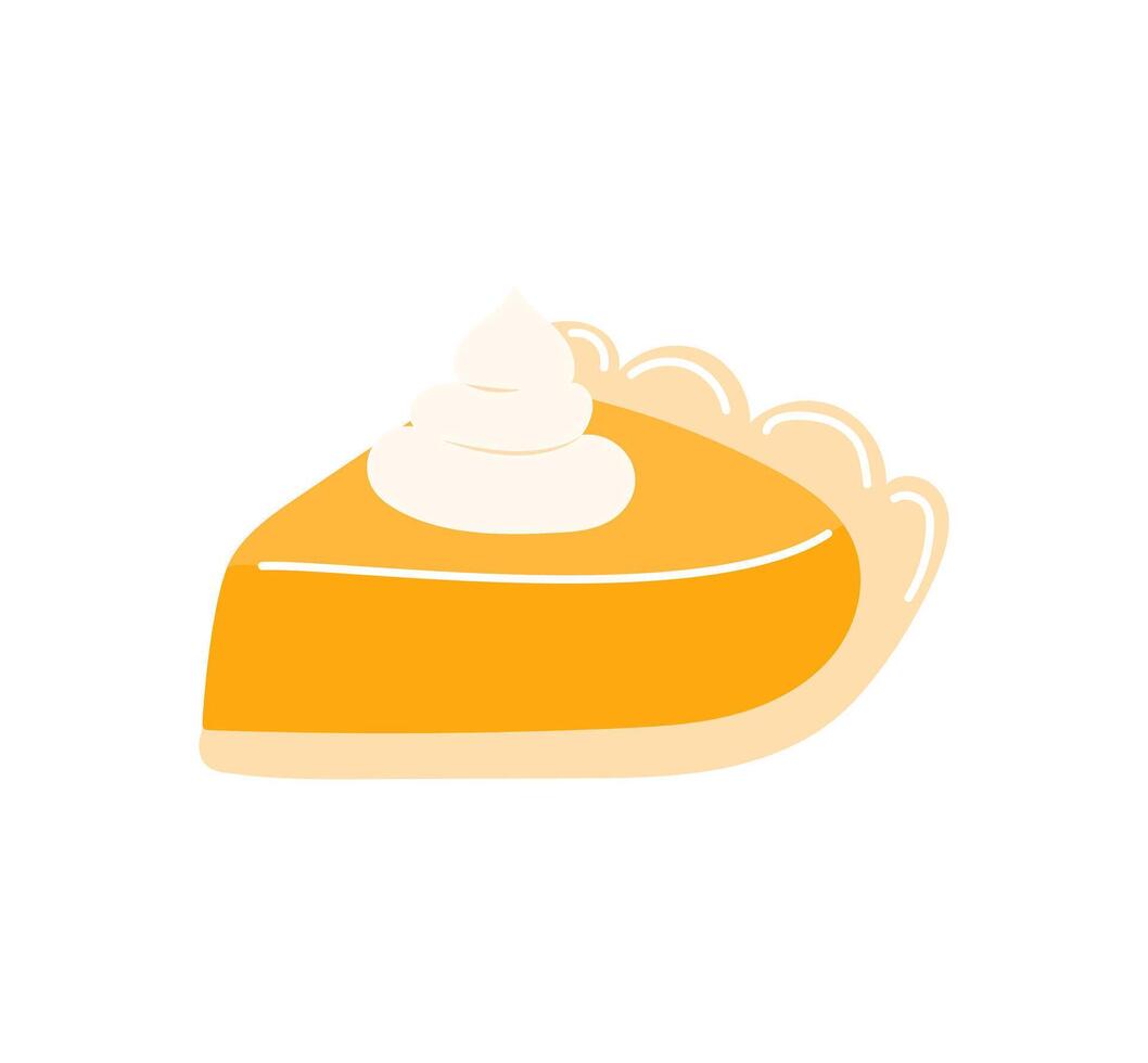 Slice of pumpkin pie with whipped cream. Traditional fall and Thanksgiving dessert isolated on white background. Hand drawn flat cartoon style. National Pumpkin pie day vector