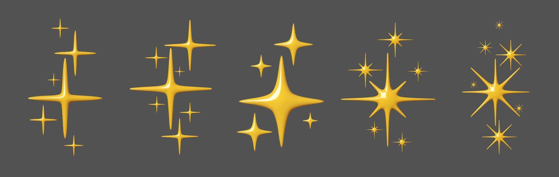 Set Glossy yellow stars illustration in 3D style, featuring shiny, abstract sparkles. Perfect for luxury designs, festive decorations, holiday themes, and creative projects with an elegant vector