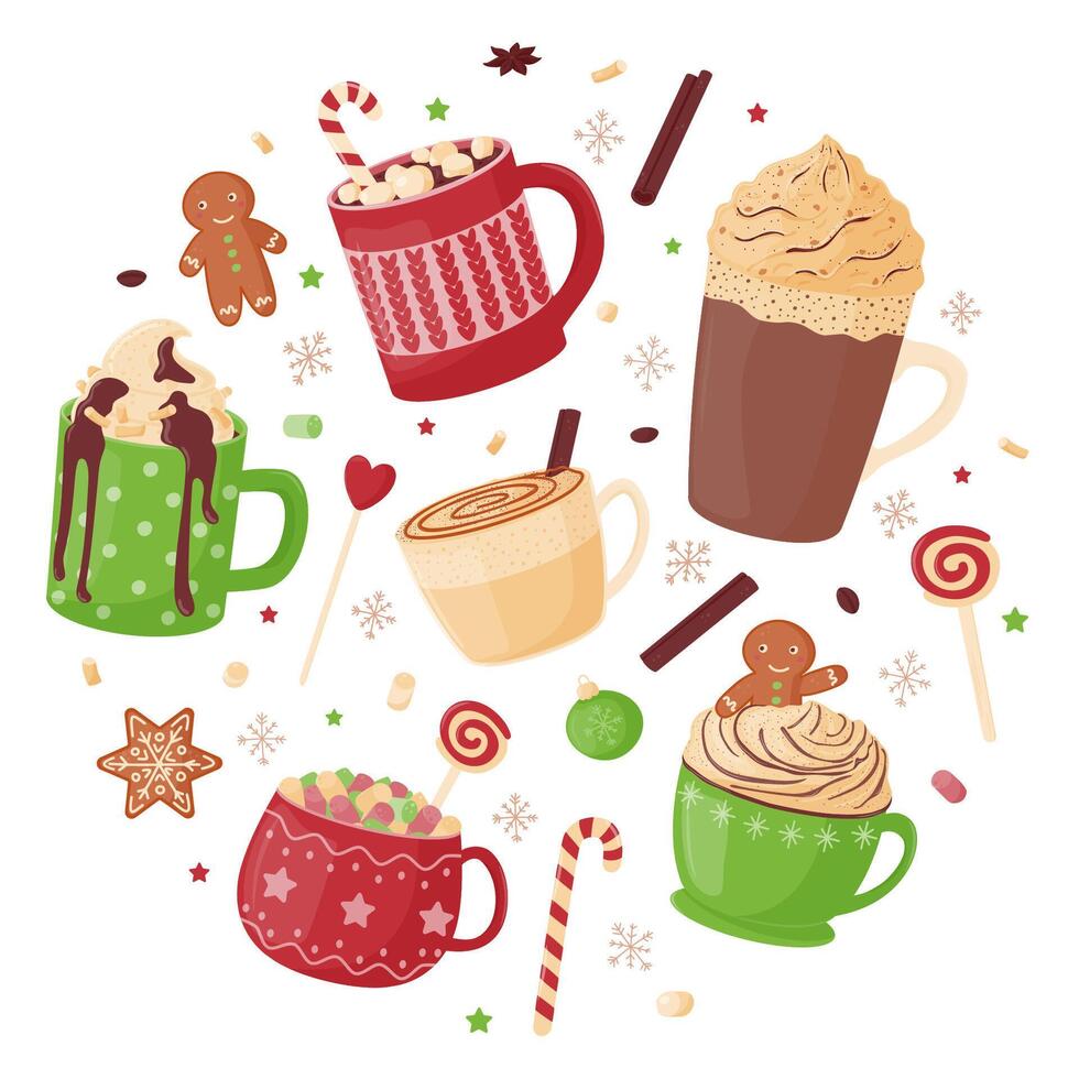 Christmas set of hot drinks. Festive cute mugs with hot cocoa, coffee, chocolate, whipped cream, marshmallows and sweets. vector