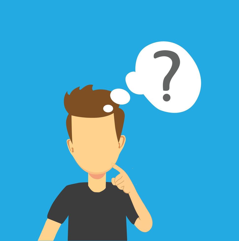 Young Man Problem Solving Concept - Man Thinking To Solve Problem - Cartoon Thoughtful Pose With Question Mark - flat cartoon illustration character vector