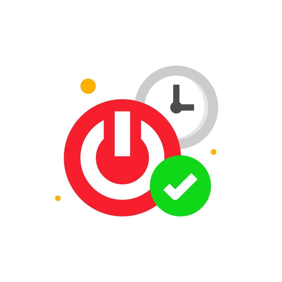 illustration of auto off feature with a power, clock, and check mark icon. Represents energy saving or automatic shutdown functionality. for use in technology, electronics, or ui designs vector