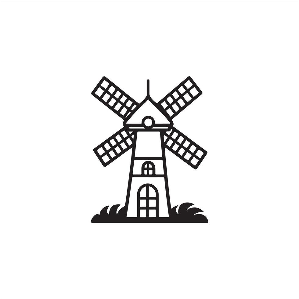 A black and white illustration of a windmill vector