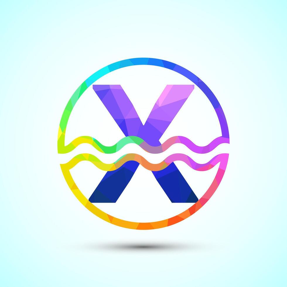 English alphabet X in a circle with water waves. Water wave logo design low poly style vector
