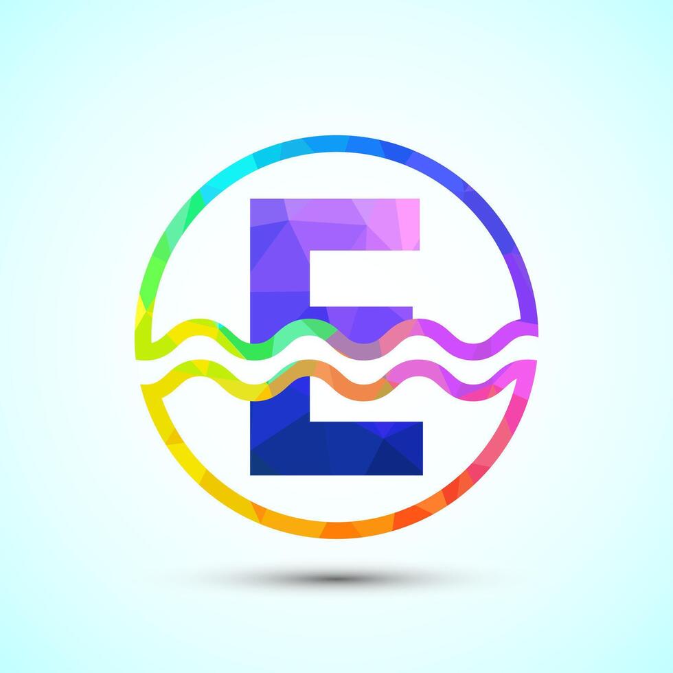 English alphabet E in a circle with water waves. Water wave logo design low poly style vector