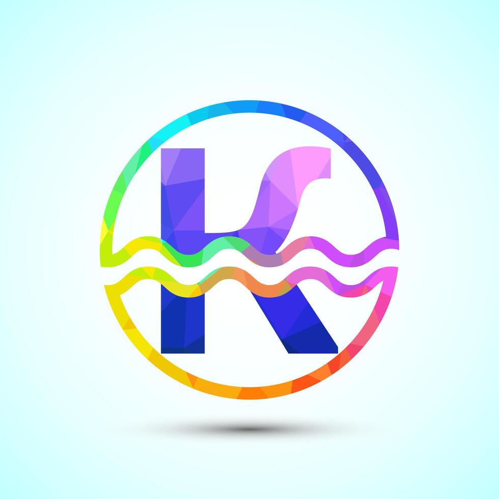 English alphabet K in a circle with water waves. Water wave logo design low poly style vector