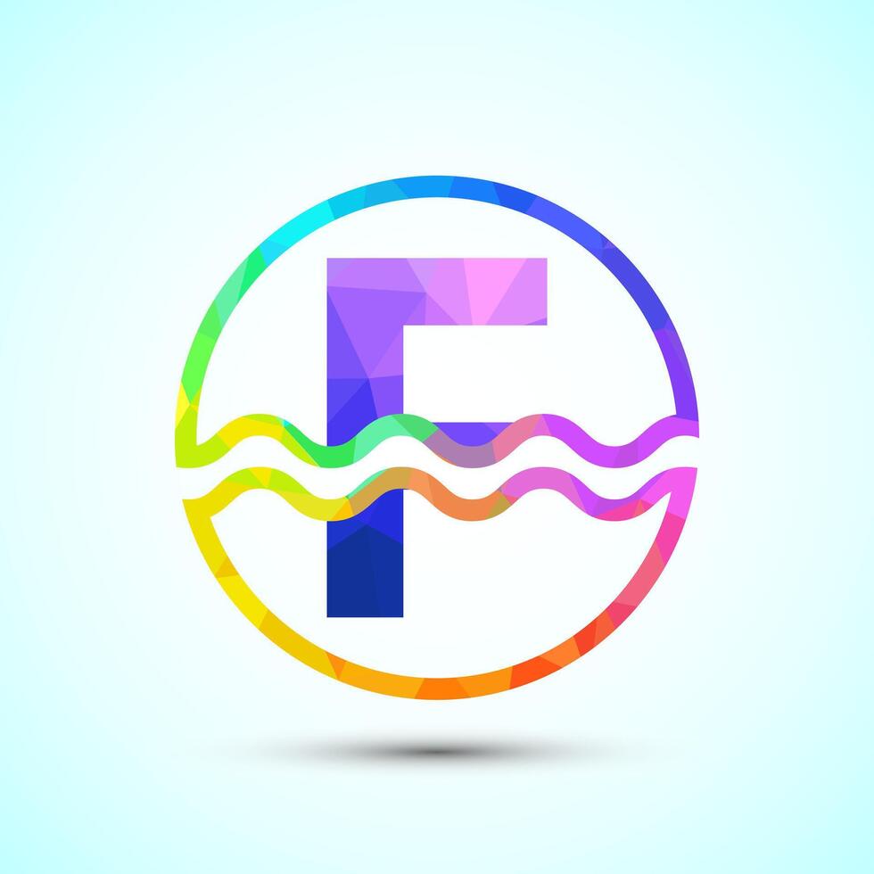 English alphabet F in a circle with water waves. Water wave logo design low poly style vector