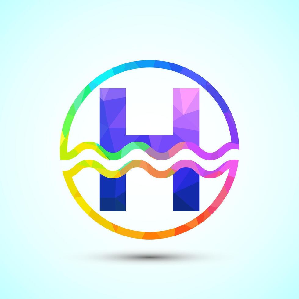 English alphabet H in a circle with water waves. Water wave logo design low poly style vector